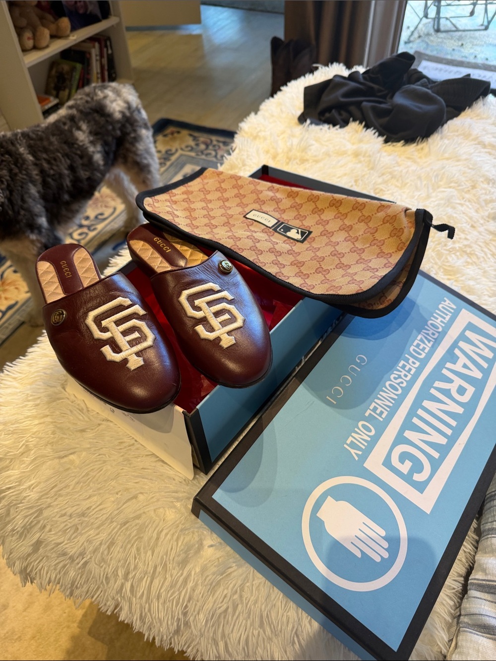 Gucci Burgundy Leather Slip-On Mules with White Embroidery
